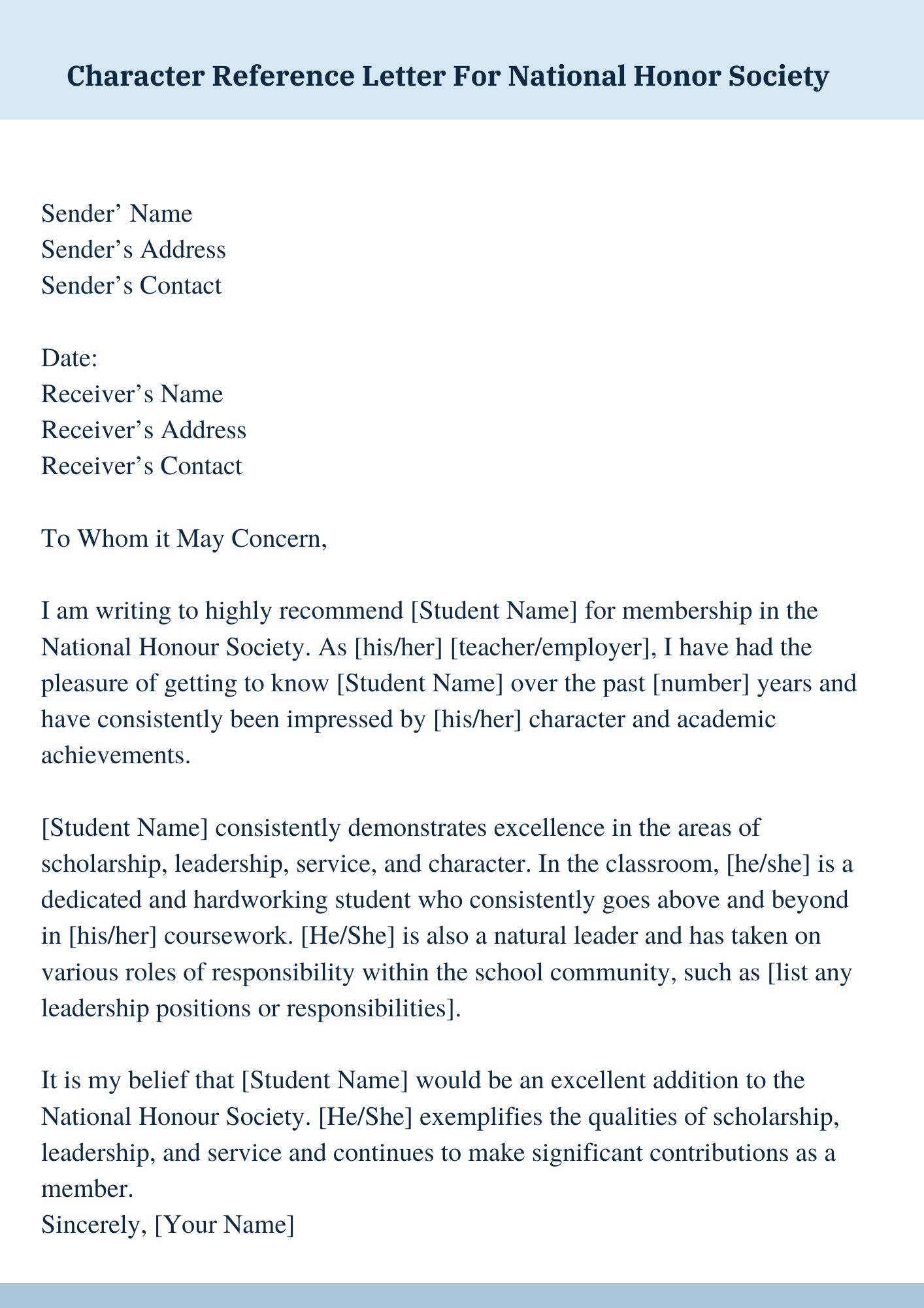 Character Reference Letter For National Honor Society 