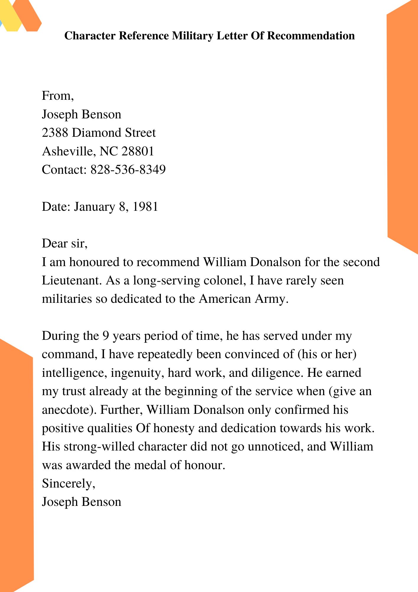 Good Moral Character Military Character Reference Letter 
