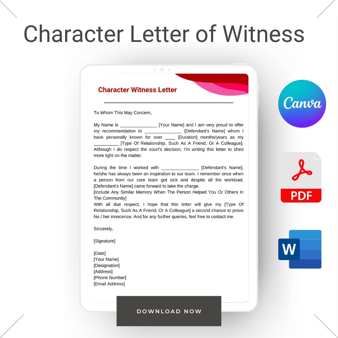 Character Witness Letter Sample Template in Pdf & Word