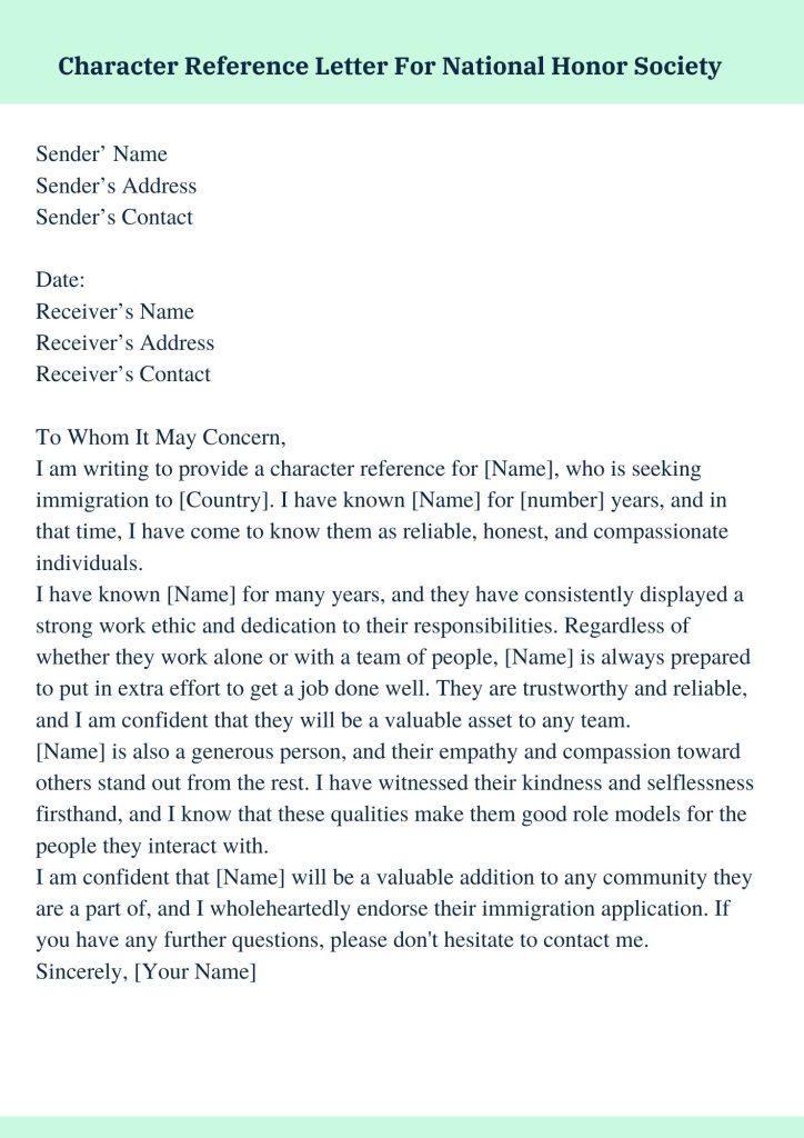 Character Reference Letter For National Honor Society Sample