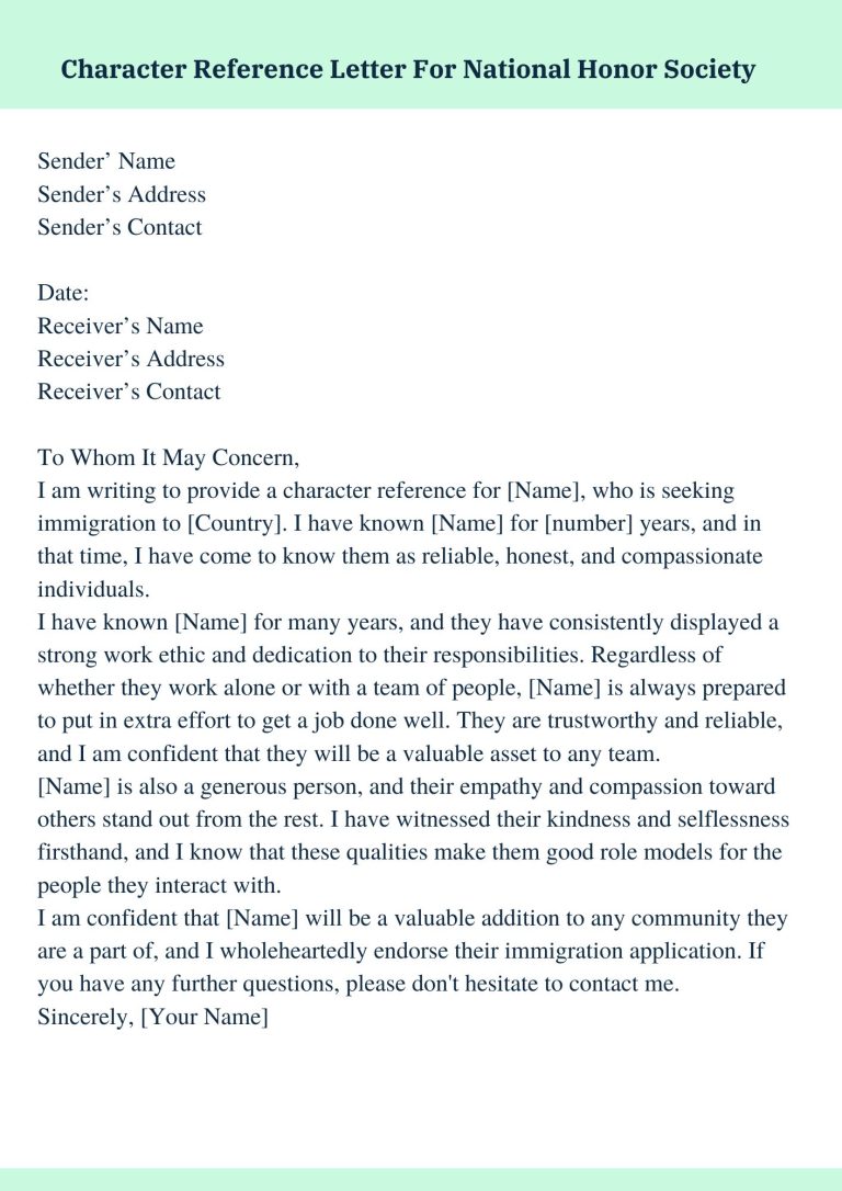 National Honor Society Character Reference Letter 1 Character Reference Letter 6325