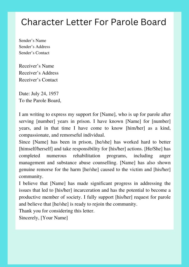 Character Letter For Parole Board Template Pdf