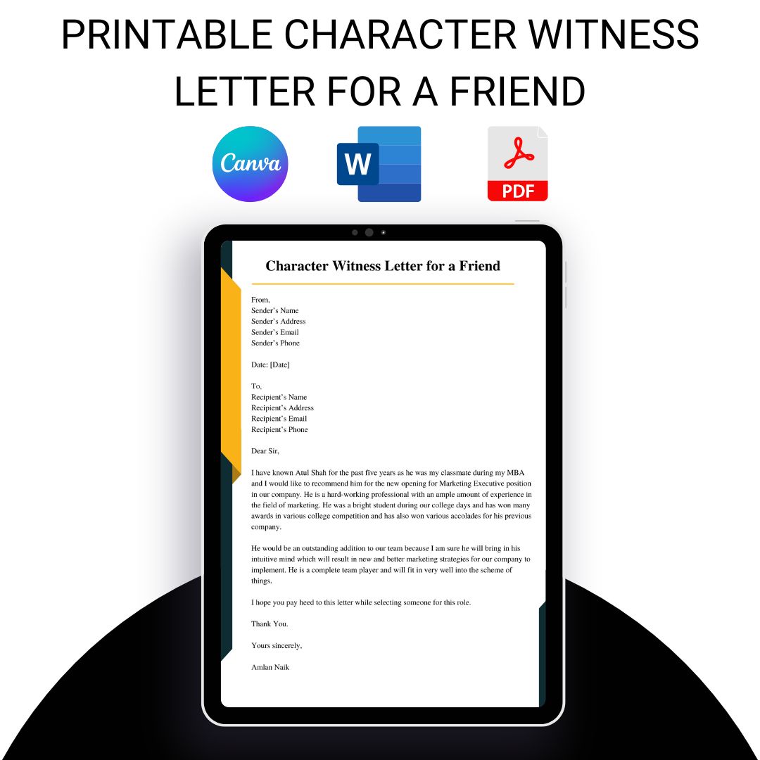 Printable Character Witness Letter for a Friend