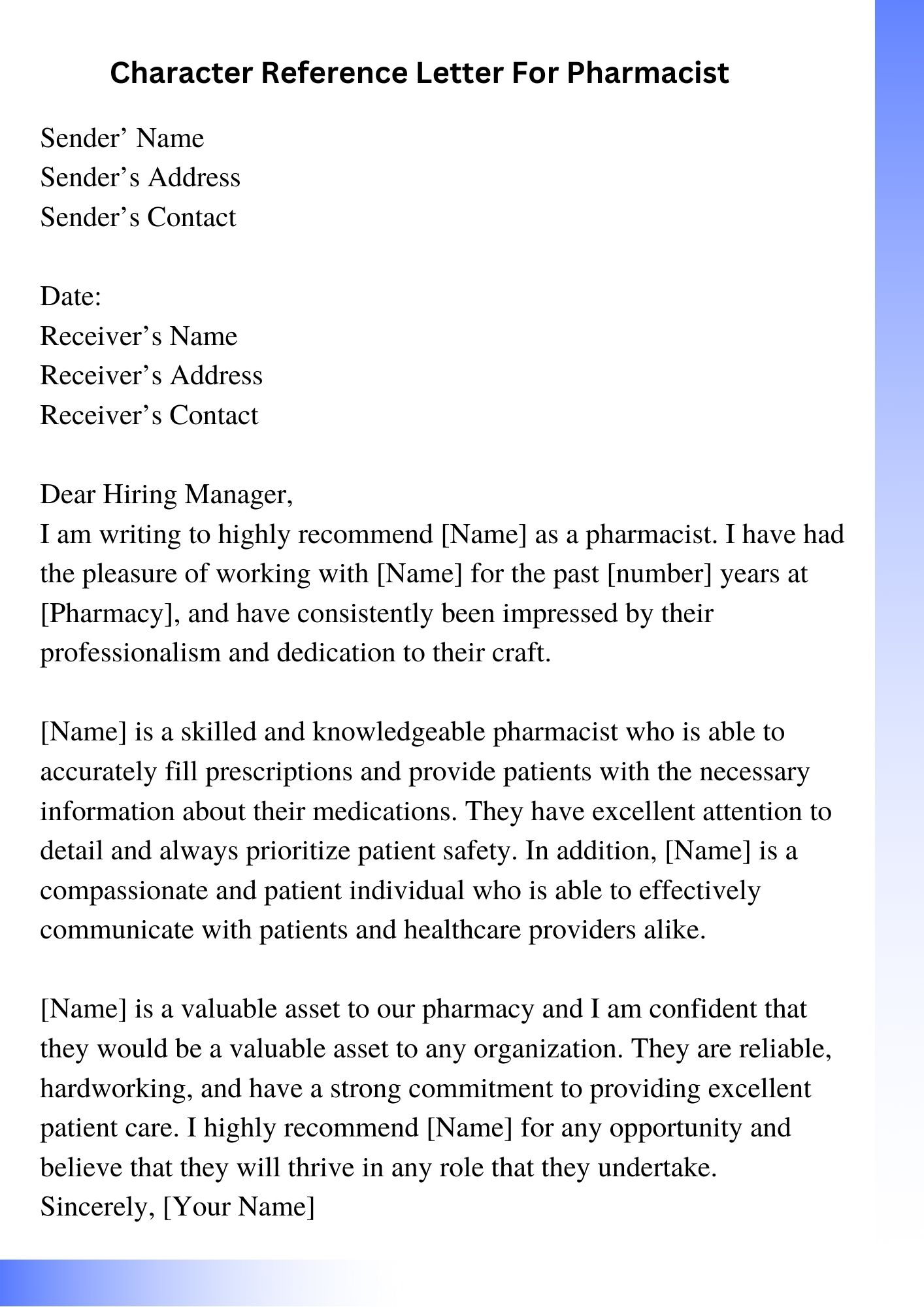 Character Reference Letter For Pharmacist