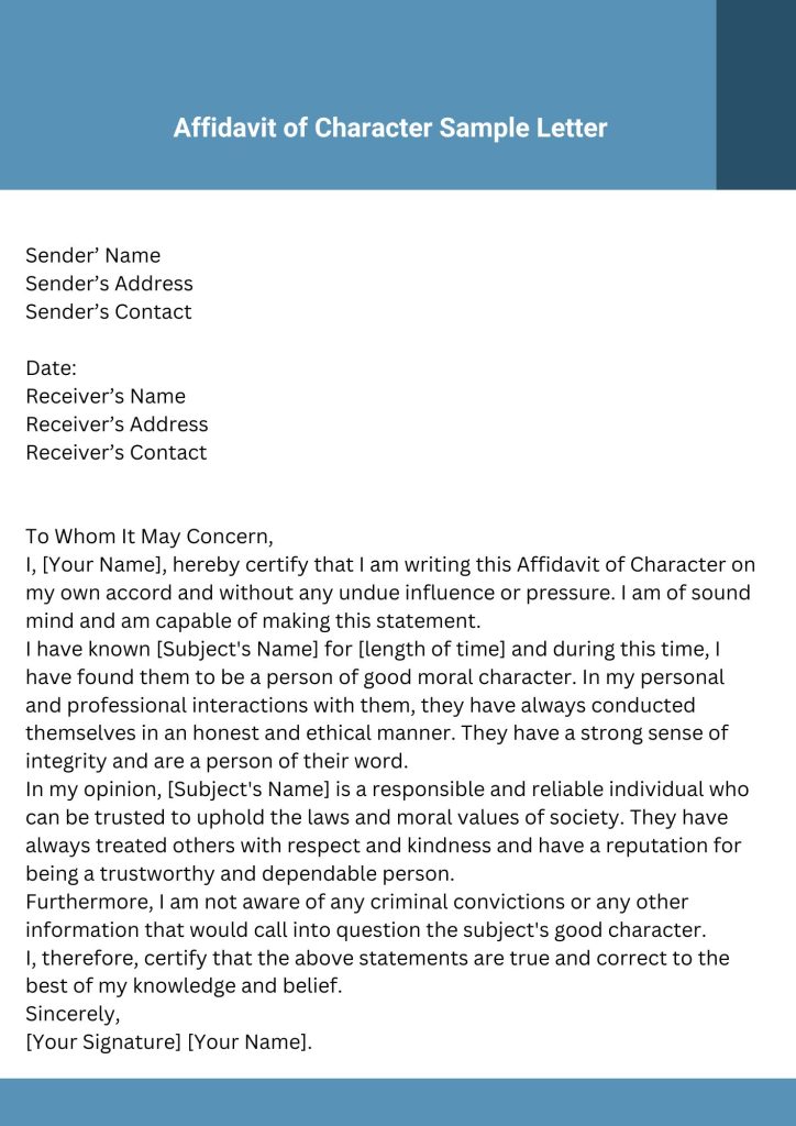 Affidavit Of Character Sample Letter | Character Reference Letter