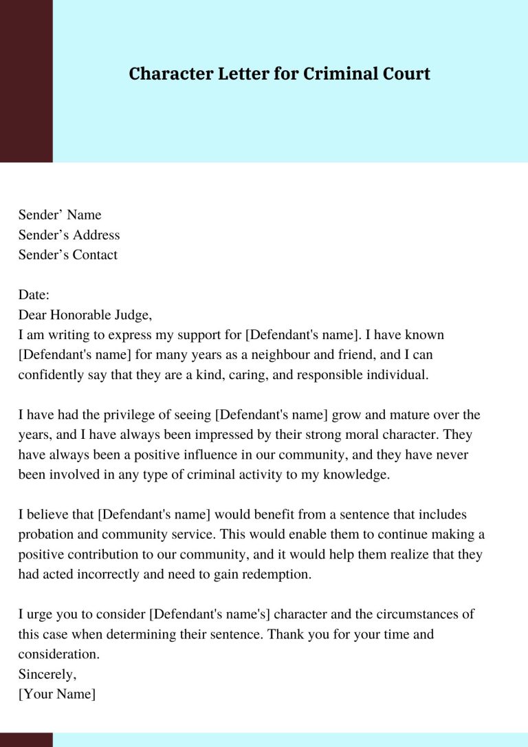 Character Letter for Criminal Court Template Printable PDF