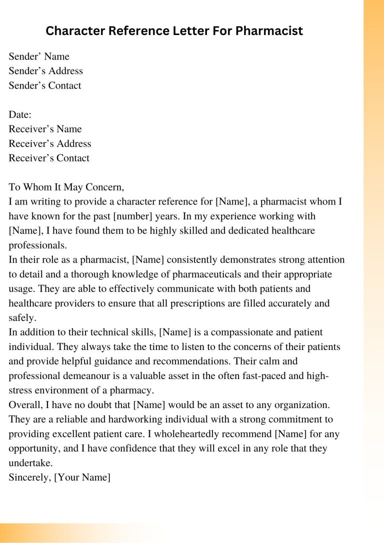 Character Reference Letter For Pharmacist | Sample Templates