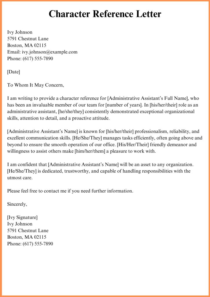 Character Reference Letter For Administrative Assistant